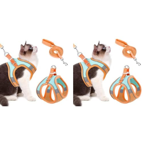 Qpets® Cat Harness with 1.5m Leash Adjustable Size Breathable Vest Strap Safety Reflective Strip Leash for Small Dog M Orange 2PCS