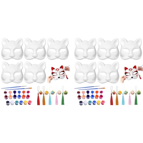 PATPAT® 10PCS Cat Mask Blank DIY Halloween White Graffiti Masquerade Face Mask with Acrylic Paints Brush Pens Tassle Charms Sakura Bell Charms