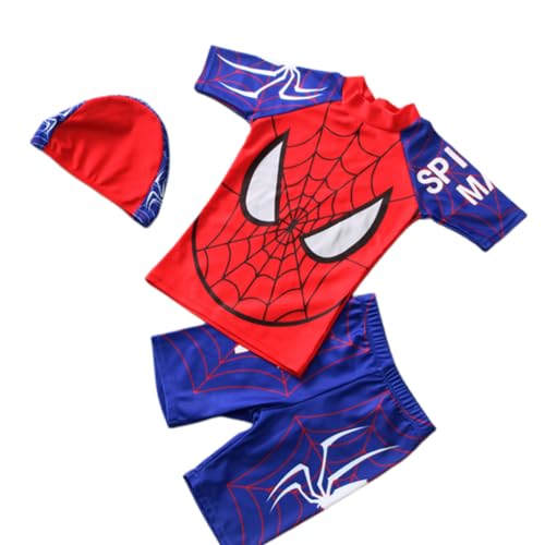 SNOWIE SOFT® Swimming Costume for Boys, UPF 50+ Spiderman Print Swimsuit Set with Shirt, Swim Trunks & Swim Cap, Swim Suit for Kids Boys 7-10 Years Old