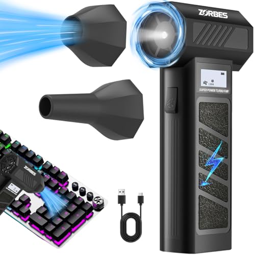 ZORBES® Handheld Air Duster, Mini Blower Fan Turbo Jet Blower with Display, 2 Nozzles Ultra Strong 4 Stage Wind Adjustment, USB LED Portable Air Blower for Car Cleaning Computer Keyboard Travel Hiking