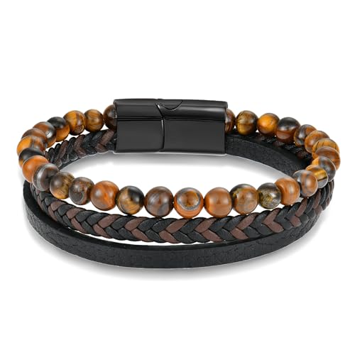 ZIBUYU® Mens Leather Tiger-Eye Beads Braided Bracelet
