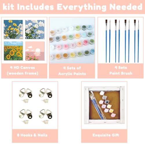 HASTHIP® Pack of 4 DIY Oil Painting Paint by Numbers with Frame Sunflower Rose Oil Art Painting Wall Hanging DIY Canvas Painting with Painting Tool Kit Wall Decoration, 7.8x7.8inch