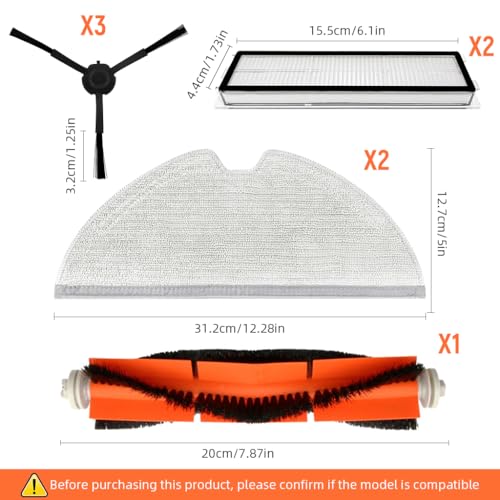 HASTHIP® Replacement Vacuum Cleaner Accessories for Dreame D9 Max with 1 Main Brush 3 Side Brushes 2 Mop Cloth 2 Filters Universal Spare for D9 Pro L10 Pro 3 PCS