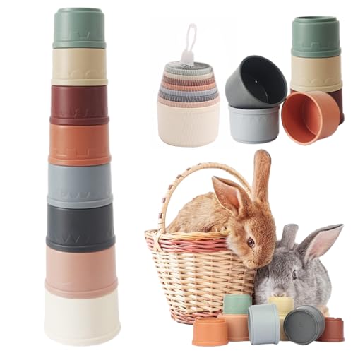 Qpets® Bunny Toy, 8 Pcs Stackable Cup BPA-Free Stacking Cups for Rabbits Nibbling Toy Fun Playtime Animal Set Cup Toy for Guinea Pig, Bunny, Totoro