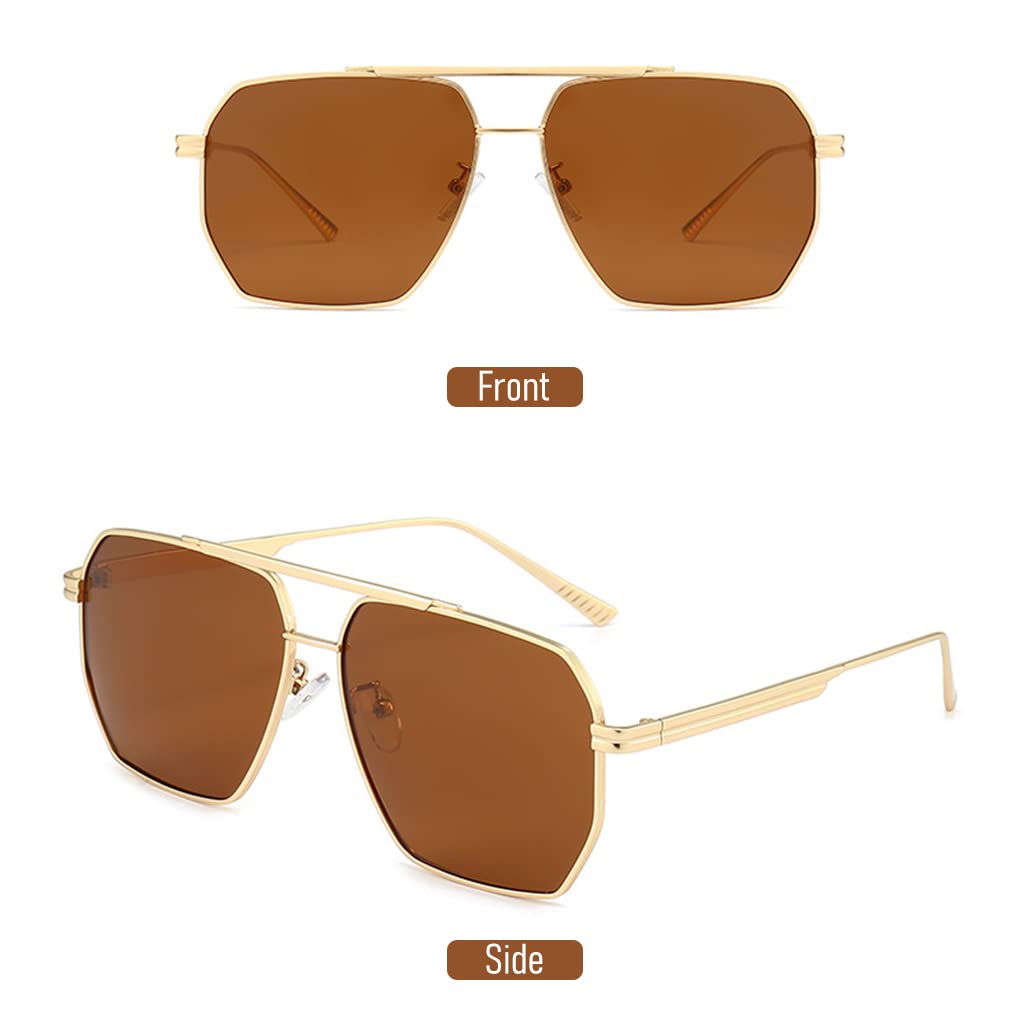 GUSTAVE Stylish Polygon Polarized Sunglasses for Men Retro Oversized Metal Frame UV400 Polarized Sunglasses Vintage Brown Lens Sunglasses Metal Sun Glasses Sun Glare Glasses for Men