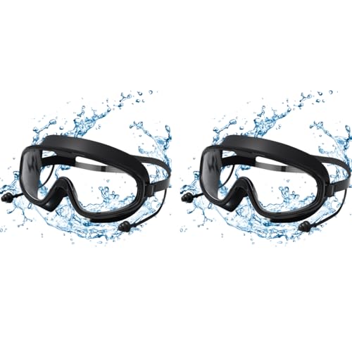 Proberos® Swim Goggles for Adult with Intergrated Ear Plugs Big Frame Competition Professional Swim Goggles Swimming Anti-Fog Diving Goggles for Surfing Kayaking Black X2