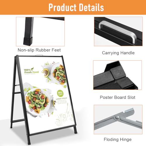 OFIFO® 23.6x27.5 Inch Heavy Duty Metal Floor Sign Display Stand, Double-Sided & Folding with Handle, Versatile & Portable Standalone Holder for Shop, Restaurant, Events and Indoor/Outdoor Use
