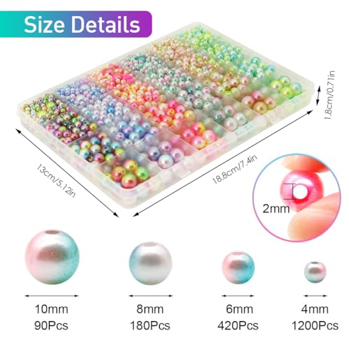 Venzina® 1890pcs Pearls Beads Kit, Gradient 6 Color Pearl Beads for Craft Bracelet Making Kit, 4mm 6mm 8mm 10mm Assorted Pearl Beads for Jewellery Making DIY Necklace