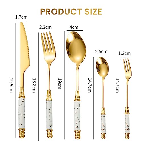 HASTHIP® Set of 5 Cutlery Set, Stainless Steel Spoon and Fork Set, Cutter, Fork Tablespoon, Dessert Spoon, Fruit Fork, Exquisite Ceramic Handle Cutlery, Gift Cutlery for Festival (White)