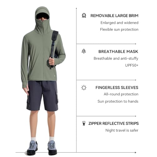 Venzina® UPF 50+ Sun Jacket for Men Lightweight UV Sun Protection Hoodie with Chin Strap, Quick Dry Sunscreen Clothing Long Sleeve Sun Shirts for Hiking Fishing, Green, L