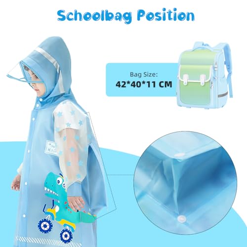 SNOWIE SOFT® Hooded Raincoat for Kids Wide Brim Raincoat for Kids 5-7 Years EVA Student Kids Rain Coat for Girls with School Bag Rain Cover Unicorn Dinosaur Print Recommended Height 115-130cm 3 PCS