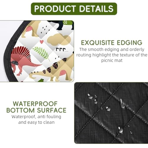 Proberos® Picnic Blanket, 6.6x6.6ft Waterproof PEVA Cartoon Dinosaur Print Picnic Blanket, Self-Packable Picnic Blanket with Handle, Portable Picnic Carpet for Picnics/Beach Days, Camping