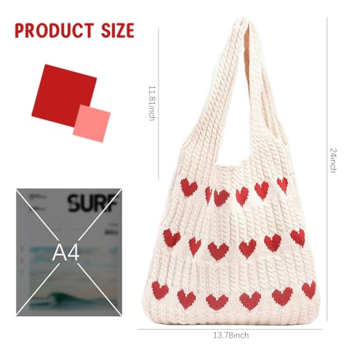 ZIBUYU® Crochet Heart Tote Bag for Women and Girls Y2K Aesthetic Knit with Plush Charm Soft Spacious Hippie Beach Cream Red Hearts Ideal Work School Casual 3PCS