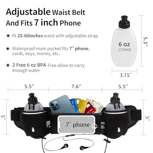 Proberos® Running Belt with Dual Water Bottles Adjustable Hydration Waist Pack for Cycling Fanny Fits 7 inches Phones Bag Hiking Climbing 2PCS