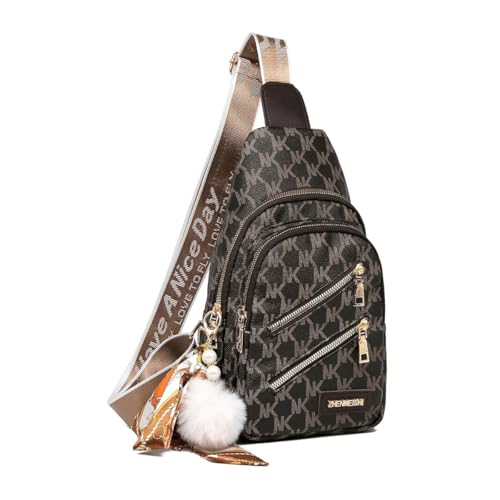 PALAY® PU Chest Bag for Women Fashion Vintage Printed Multi-compartment Zip-up Shoulder Bags Crossbody Travel Casual Sling Bag with Bag Charm