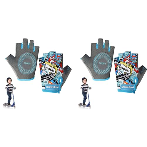 Proberos® Surfing Boy Kids Bike Gloves Size S for 4-8 Years Old Anti-Slip Breathable Fingerless Cartoon Print Riding Sport Children's Bicycle 2PCS