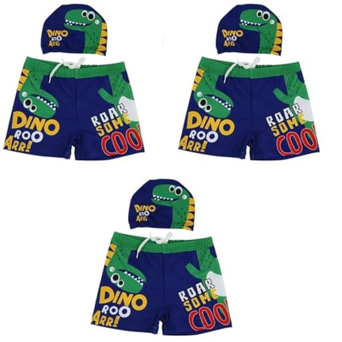 Proberos® 3 Pcs Kids Boys Swimming Costume and Cap Set UPF50+ Sunprotection Cartoon Dinosaur Polyester Shorts Elastic Waist Design Summer Gear for 5-12 Years Old 30-35kg