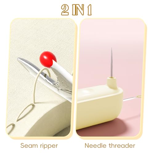 HASTHIP® 2 in 1 Automatic Threader & Seam Ripper Dual Head Retractable Needle Threader Stainless Steel Stitch Remover Sewing Needle Threader for Hand Sewing, Embroidery, and Crafts, Beige