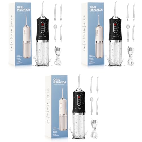 HANNEA® Water Dental Flosser Cordless Oral Irrigator 3 Modes Rechargeable IPX7 Waterproof Portable for Travel with 4 Nozzles 3 PCS