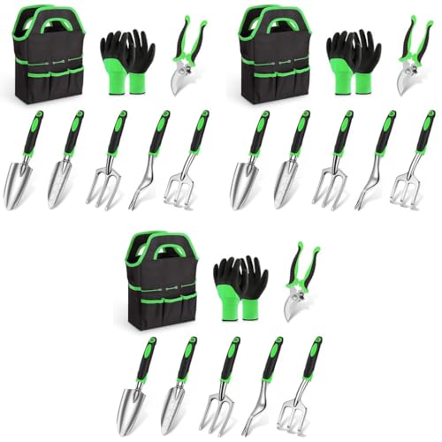 HASTHIP® Gardening Tools Set 24PCS Heavy Duty Stainless Steel Garden Planting Tools Home Tool Set with Shovel Fork Weeder Pruning Shear Gloves Bag