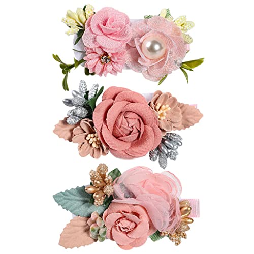 GUSTAVE® Pink 3 Pcs Floral Flower Hair Clips and Bow Hair Accessories for Girls,Baby,Toddlers,Teens Gifts