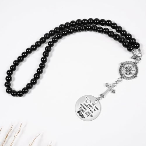 STHIRA® Guardian Angel Cross Car Mirror Hanging Charm with Psalm Verse Beaded Stainless Steel Compass Pendant for Rear Mirror Spiritual Accessories Interior Decor Ideal Gift 2PCS