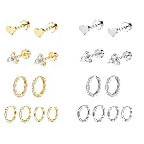SANNIDHI® 10 Pairs Earrings Set for Women Girls Gold Silver Earring Combo Stylish Hypoallergenic Surgical Flat Back Stud Earrings Stainless Steel Cartilage Hoop Earring for Multiple Piercing