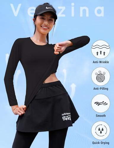 Venzina® UPF 50+ Outdoor Running Top Quick-Dry Long Sleeve Sport Wear Yoga Clothing, Lightweight & Moisture Wicking, Fashion Workout Top for Running, Tennis, Exercise, Black- XL