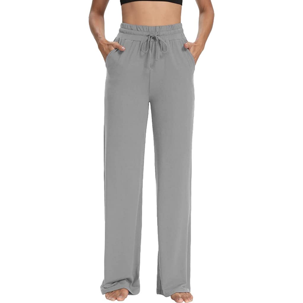 PALAY® Yoga Pants for Women Cotton Sweatpant Wide Leg Lounge Pajamas Pants with Pockets, Casual Trousers Comfy Drawstring Straight Pants for Jogging Workout Running (Grey, Size L)