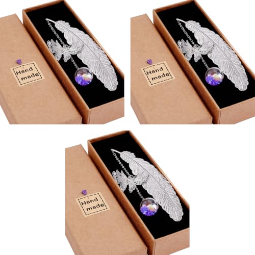 HASTHIP® Metal Feather Bookmark with Glass Beads Pendant Butterfly for Reading Enthusiasts and Gifting Mother Day Teachers Women Student Silver Random Color Flower 3 PCS