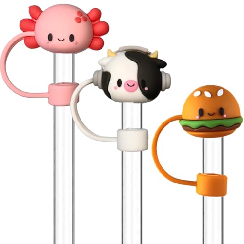 ZIBUYU® 3PCS Silicone Straw Tips for Stanley 10mm Cute Crab, Cow, Hamburg Straw Covers for Stanley Cup & Tumblers, Multicolor Straw Toppers - Reusable, Sanitary, Eco-Friendly, Fits 14-40oz Cups