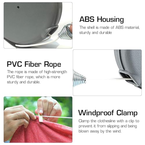 HASTHIP® Retractable Clothesline 30lbs Portable Heavy Duty Indoor and Outdoor Washing Line 39 Feet PVC with Wooden Clamp Wire (Grey) 2 PCS