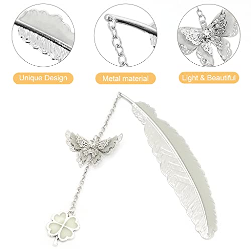 HASTHIP® Metal Feather Bookmark Glow in The Dark Bookmarks for Books 3D Silver Butterfly Four Leaf Clover Gift for Teachers Women Student Mothers Day Christmas 2PCS