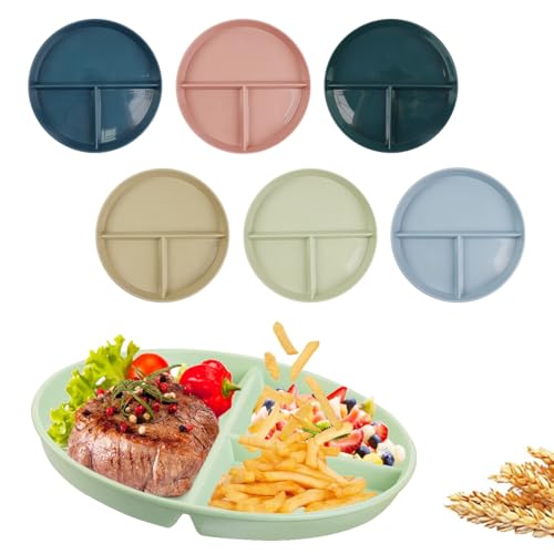 HASTHIP Set of 6 Earth-Friendly Round Dinner Plates with 3-Compartment Kitchen Wheat Straw Plates Microwave and Dishwasher Safe Unbreakable Kids Dinner Plates, Multicolor