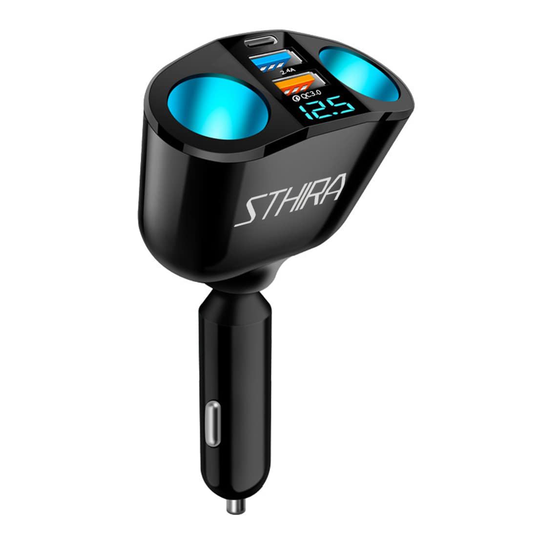 STHIRA Car Charger, 120W Car Cigarette Lighter Splitter with QC3.0 & 2.4A USB Ports, PD Charging Port 12V/24V Car Charger Car Lighter Adapter with LED Voltage Display Car Charger Fast Charging for GPS Phone