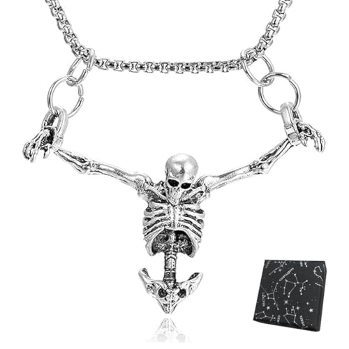 GUSTAVE® Skull Skeleton Necklace Gothic Jewelry for Men and Women, Gothic Necklace Accessories,Punk Rock Skull Pendent - Silver