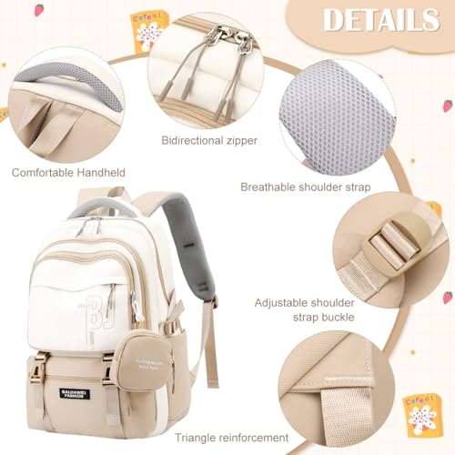 PALAY® Casual Backpack With Cute Accessory 18.1 Inch Bookbag Pendant Laptop Bag Lightweight Travel Beige 3 PCS