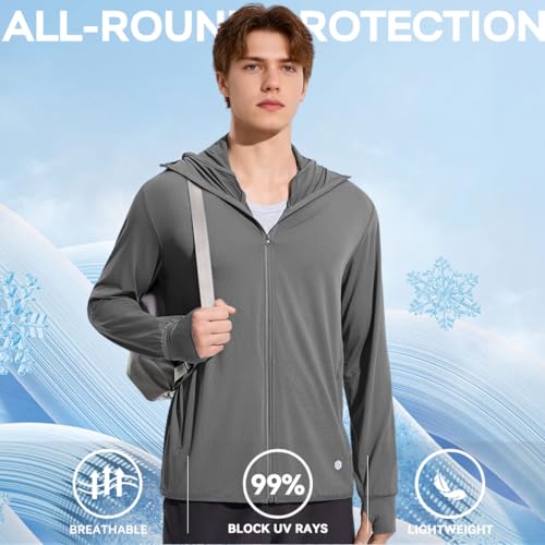 Venzina® UPF 50+ Sun Jacket for Men Lightweight UV Sun Protection Hoodie with Chin Strap, Quick Dry Sunscreen Clothing Long Sleeve Sun Shirts for Hiking Fishing, Grey, L