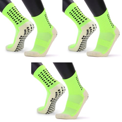 Proberos® Hi-Tech Performance Athletic Football Socks Cushioned High Ankle Sports Anti-Slip for Adult Young Calf Length Rubber Pad Grip Technology Green 3PCS