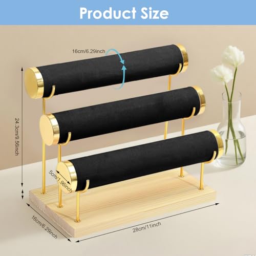 MAYCREATE® Metal Bracelet Display Rack with Wooden Base, Bracelet Holder Organizer for Watch Bangle, 3-Tier Showcase Rack Boutique Shop Display Holder