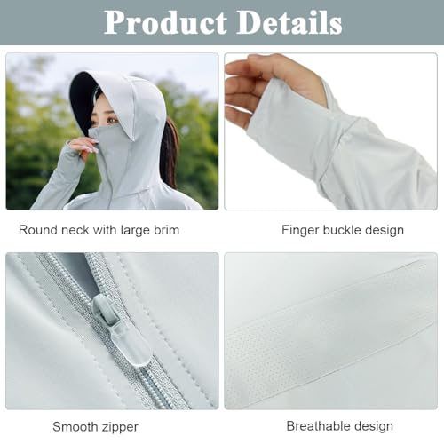 PALAY® Sun Protection Jacket for Women UPF 50 Plus Black Coating Wide Brim Hat Lightweight Full Zip Up Outdoor Running Hiking Hoodie with Face Mask Grey 2 PCS