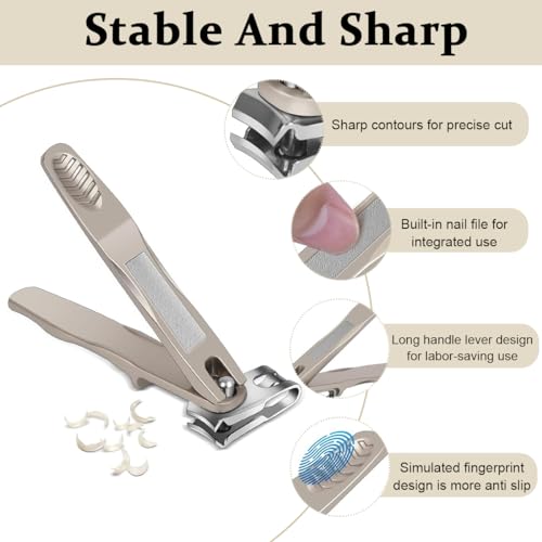 MAYCREATE Nail Clipper with Nail File Long Handle Stainless Steel Nail Cutter 360° Rotatable Nail Clipper Head Thick Nail Nail Clipper Travel Nail Clipper with PU Sleeve