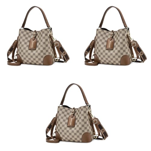 PALAY® PU Bucket Bag for Women Fashion Check Pattern Crossbody with Detachable Shoulder Belt Daily Versatile 3 PCS