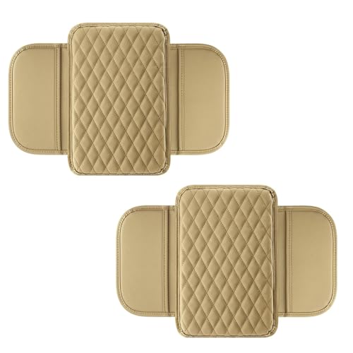STHIRA® 2 Pcs Microfiber Leather Car Armrest Cushion Pad With Dual Storage Bags, Super Comfortable Center Console Cover, Universal Fit, 20x30.8cm, Durable Car Arm Rest Protection For Most Cars (Khaki)