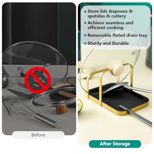 HASTHIP Pot Lid Holder with Detachable Grooved Drain Tray Multi Purpose Metal Dual Golden Black Kitchen Organizer Holder for Pot Lids, Spoon, Spatula, Tableware, 20x13.8x11.5cm