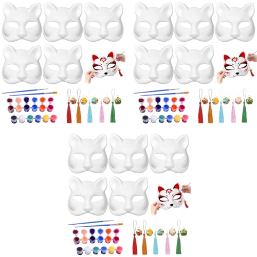PATPAT® 15PCS Cat Mask Blank DIY Halloween White Graffiti Masquerade Face Mask with Acrylic Paints Brush Pens Tassel Charms Sakura Bell Charms