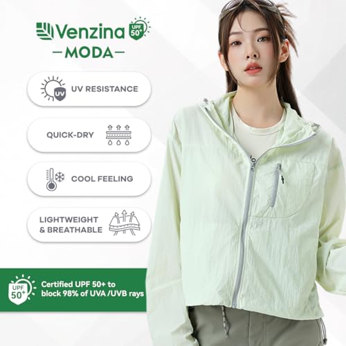 Venzina® UFP 50+ Sun Protection Jacket Stylish Cropped Sunscreen Top for Women Ultra-light Quick Dry Hoodie with Back Air Vent & Chest Zip Pocket, Water-Proof UV Coat for Outdoor, Travel, Gym, Mint, S