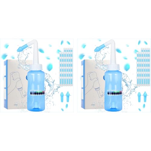 HANNEA® Neti Pots for Sinus Rinse Bottle Nasal Wash Irrigation Jal Pot with 2 Nozzles 40 Salt Sticker Thermometer Nose Cleaner Washing for Adult Kid Travel Essentials 300ML 2PCS