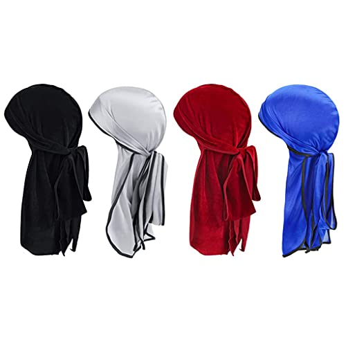 ZIBUYU® Silk Durag for Men and Women Head Cover Cap Hiphop Style Durag Headwear Fashion Piece Extra Long Durag Head Scarf - 4 Pcs