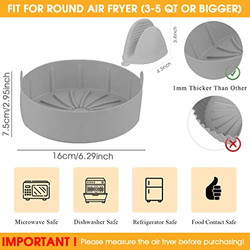 HASTHIP® 1Pcs Air Fryer Reusable Silicone Pot with 2 Heat-proof Gloves, Non-Stick Round Silicone Air Fryer Liners with Ear Handles, Air Fryer Accessories, Foodgrade Silicone, 7.5inch X 3inch (Grey)